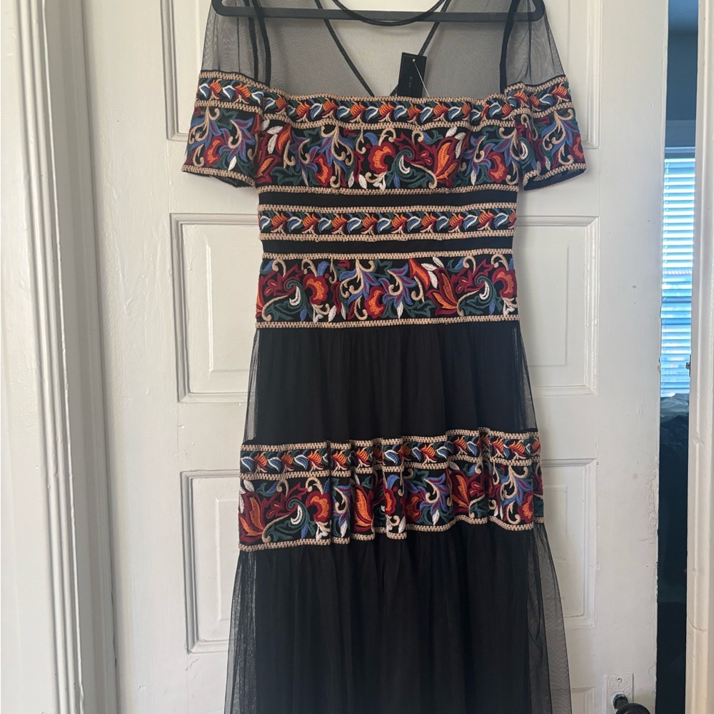 BCBGMaxAzria Black and Multicolor Embroidered Midi Dress
